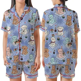 Whimsical Animal & Sushi Lovers' Cartoon Pastel Pink Blue Periwinkle Tropical Sushi Picnic Palm Pattern Satin Short-Sleeve Pajamas Set