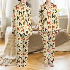 Women's Whimsical Dog Print 3-Pc Sleep Set: Festive Golden Retriever, Pug & Dachshunds Satin Pajamas Set