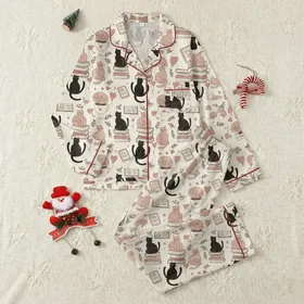 Bookish Cat Lover's Whimsical Feline & E-Reader Print Satin Lounge Set Satin Pajamas Set