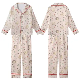 Cozy Aesthetic Lovers' Pale Blush Scattered Woodland Creatures Pattern Sage Green & Cranberry Accents Kid Satin Pajamas Set