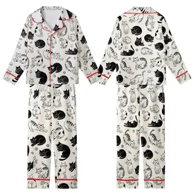 Cat Lovers' Whimsical Hand-Drawn Black and White Feline Pattern with Playful Cats, Yarn, and Fish Kid Satin Pajamas Set