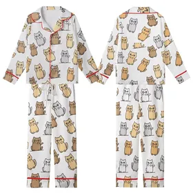 Cat Lovers' Kawaii Cartoon Cats All Over Print White Tan Grey Orange Brown Playful Pattern Kid Satin Pajamas Set