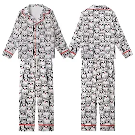 Cat Lovers' Charming White Cartoon Cats Black All-Over Playful Pattern Pink Noses Kid Satin Pajamas Set