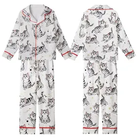 Cat Lovers' Whimsical Smiling Cartoon Kittens Black White Grey Striped Shaggy Fur Ink Splatter Sketch Art Kid Satin Pajamas Set