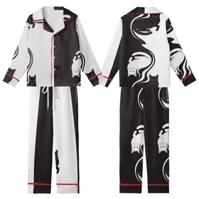 Cat Lovers' Sweeping S-Curve Matte Black Pure White Cat Duality Realistic Illustration Golden Eyes Kid Satin Pajamas Set