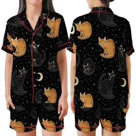 Cat Lovers' Whimsical Black Orange Tabby Cats Celestial Night Sky All-Over Print, Golden Eyes, Pale Yellow Moon, Hand-Drawn Stars Satin Short-Sleeve Pajamas Set