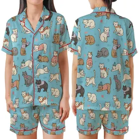 Cat Lovers' Whimsical Illustrative Feline Seamless Pattern, Robin's Egg Blue, Cream Gray Ginger Cats, Flat Art Style Satin Short-Sleeve Pajamas Set