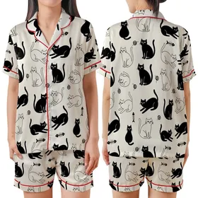 Cat Lovers' Whimsical Black Cat Silhouette & Outline Seamless Pattern with Yarn Balls on Creamy Off-White Satin Short-Sleeve Pajamas Set