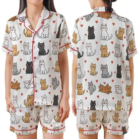 Kawaii Animal Lovers' Cute Cats Dogs Rabbits Playful Seamless Pattern White Grey Tan Flat Design Satin Short-Sleeve Pajamas Set