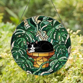 Cat Lovers' Sleepy Tuxedo Cat Stained Glass Tiffany Style Art Monstera Leaves Stained Glass Suncatcher