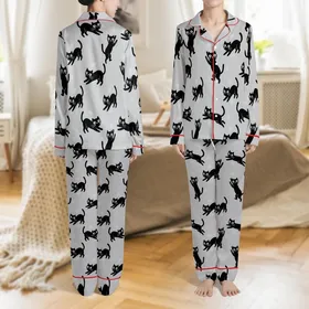 Cat Lovers' Adorable Minimalist Black Cartoon Cats Peeking Climbing Pattern White Eyes Light Heather Grey Satin Pajamas Set