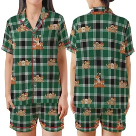 Whimsical Animal Art Lovers' Emerald Green Plaid Pattern with Playful Cartoon Dogs, Foxes, and Gentle Beige 'I'M OK' Hand Motif Satin Short-Sleeve Pajamas Set