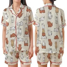 Cat Lovers' Whimsical Sweet Cartoon Cats Playful Scattered Repeating Cream Pattern Satin Short-Sleeve Pajamas Set