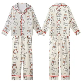 Cat Lovers' Whimsical Sweet Cartoon Cats Playful Scattered Repeating Cream Pattern Kid Satin Pajamas Set