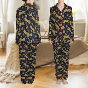 Women's Golden Leopard & Jungle Foliage Print Satin Button-Up Cardigan & Pant Sleep Set Satin Pajamas Set