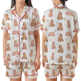 Whimsical Animal Lovers' Blush Pink Light Brown Capybara-like Pattern with Pale Yellow Flower Crowns Satin Short-Sleeve Pajamas Set