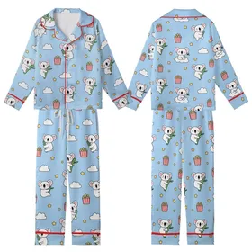 Cute Style Lovers' Playful Sleepy White Koala Popcorn Cloud Golden Star Light Blue Pattern Kid Satin Pajamas Set