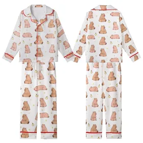 Whimsical Animal Lovers' Blush Pink Light Brown Capybara-like Pattern with Pale Yellow Flower Crowns Kid Satin Pajamas Set