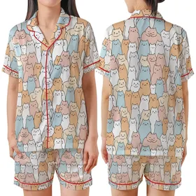 Cat Lovers' Adorable Hand-Drawn Cartoon Cats Pattern Soft Peach Pastel Pink Sky Blue Doodle Art Satin Short-Sleeve Pajamas Set