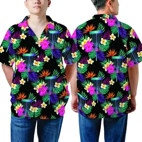 Disc Golf Aloha Pattern: Teal Basket & Tropical Bloom Design - Vibrant Fabric Art Short-sleeve Hawaiian Shirt