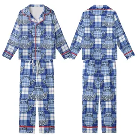 Cat Lovers' Illustrative Cool Blue Plaid Cartoon Cats & Whiskered MEOW Text Pattern Kid Satin Pajamas Set