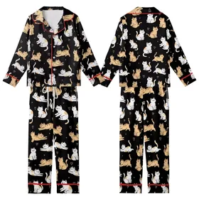 Cat Lovers' Cute Cartoon Cats Tan Striped White Orange Pink Hearts Black Pattern Kid Satin Pajamas Set