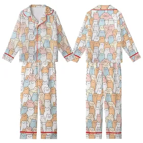 Cat Lovers' Adorable Hand-Drawn Cartoon Cats Pattern Soft Peach Pastel Pink Sky Blue Doodle Art Kid Satin Pajamas Set