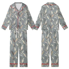 Breastfeeding Merino Wool Sleep Gown: Pampas Grass Muted Grey-Blue Organic Print Kid Satin Pajamas Set
