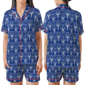 Art Deco Enthusiasts' Rich Royal Blue Elegant Abstract Geometric Seamless Pattern with White Fan Arch Motifs Satin Short-Sleeve Pajamas Set