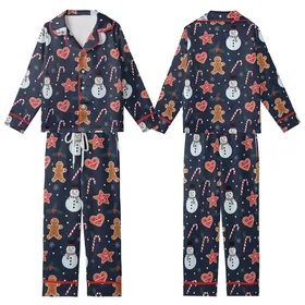 Pet & Owner Family Matching Gingerbread Snowman Holly Navy Christmas Pattern Sleep Set Kid Satin Pajamas Set