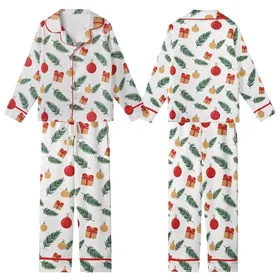 Christmas Pajamas: Classic Illustrative Evergreen Ornaments Gift Box White Sleep Set Kid Satin Pajamas Set