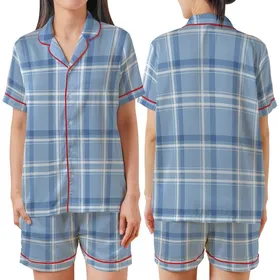 Women's Beginner Pale Blue Tartan Plaid Pajama Pants Sewing Pattern Satin Short-Sleeve Pajamas Set