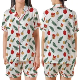 Christmas Pajamas: Classic Illustrative Evergreen Ornaments Gift Box White Sleep Set Satin Short-Sleeve Pajamas Set