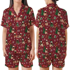 Pug Lover's Merry Pugmas Santa Dog Christmas Tree Print Pajamas Set Satin Short-Sleeve Pajamas Set