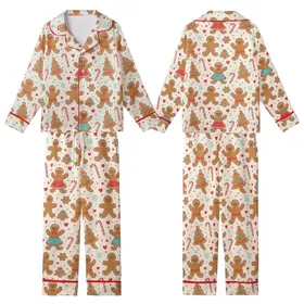 Playful Gingerbread Family Pattern: Holiday Cookie & Candy Cane Wearable Art Kid Satin Pajamas Set
