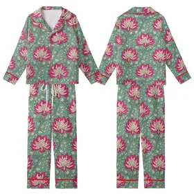Women's Indian Block Print Sleep Set: Fuchsia Lotus & Olive Vine on Teal Cotton Loungewear Kid Satin Pajamas Set