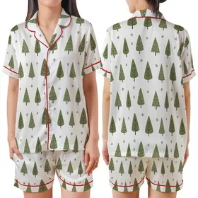 Cozy Winter Style: Whimsical Olive Forest Seamless Pattern - Hand-Drawn Evergreen Textile Art Satin Short-Sleeve Pajamas Set