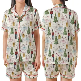 Women's Satin Pajamas Set: Nutcracker Ballerina Watercolor Christmas Ballet Pattern Satin Short-Sleeve Pajamas Set