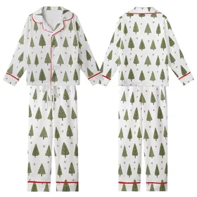 Cozy Winter Style: Whimsical Olive Forest Seamless Pattern - Hand-Drawn Evergreen Textile Art Kid Satin Pajamas Set