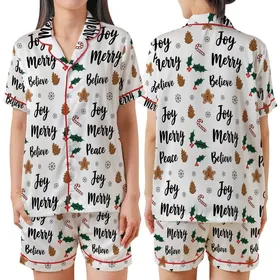 Whimsical Holiday Pattern: Joy Peace Merry Believe Text & Pinecone Holly Art - Seamless Vector Print Satin Short-Sleeve Pajamas Set