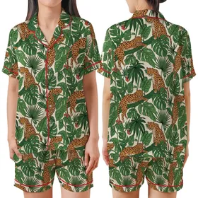 Safari Aesthetic: Hand-Drawn Lounging Leopards Tropical Jungle Repeat Pattern Satin Short-Sleeve Pajamas Set