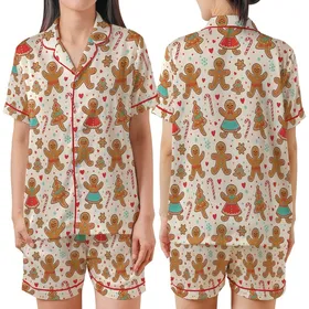 Playful Gingerbread Family Pattern: Holiday Cookie & Candy Cane Wearable Art Satin Short-Sleeve Pajamas Set