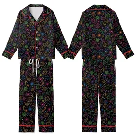 Women's Neon Glow Christmas Pajama Set: Vibrant Festive Pattern with Gingerbread & Starbursts Kid Satin Pajamas Set