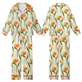 Bridesmaid White Silk Peignoir Pajama Set: Bird of Paradise & Delicate Lace Floral Print Kid Satin Pajamas Set