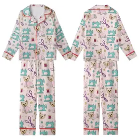Pet Satin Pajamas: Pink Teal Yorkie Dog Sewing Machine Design XXS-XXL Bundle Kid Satin Pajamas Set
