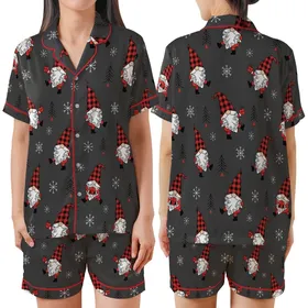Whimsical Gnome Fan: Buffalo Plaid Gnomes, Snowflakes & Evergreen Dark Charcoal Allover Print Satin Short-Sleeve Pajamas Set