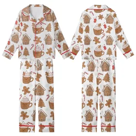 Women's Whimsical Gingerbread Man & Hot Cocoa Festive Poly-Spandex Sleep Set Kid Satin Pajamas Set
