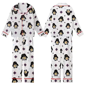 Modern Style Lovers Stylized Minimalist Black Penguin Gold Heart White Background Tartan Plaid Crimson Navy Pattern Kid Satin Pajamas Set