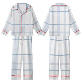 Women's Light Blue Windowpane Plaid Muslin Cotton Summer Lounge Sleepwear Set Kid Satin Pajamas Set