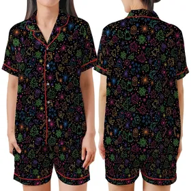 Women's Neon Glow Christmas Pajama Set: Vibrant Festive Pattern with Gingerbread & Starbursts Satin Short-Sleeve Pajamas Set